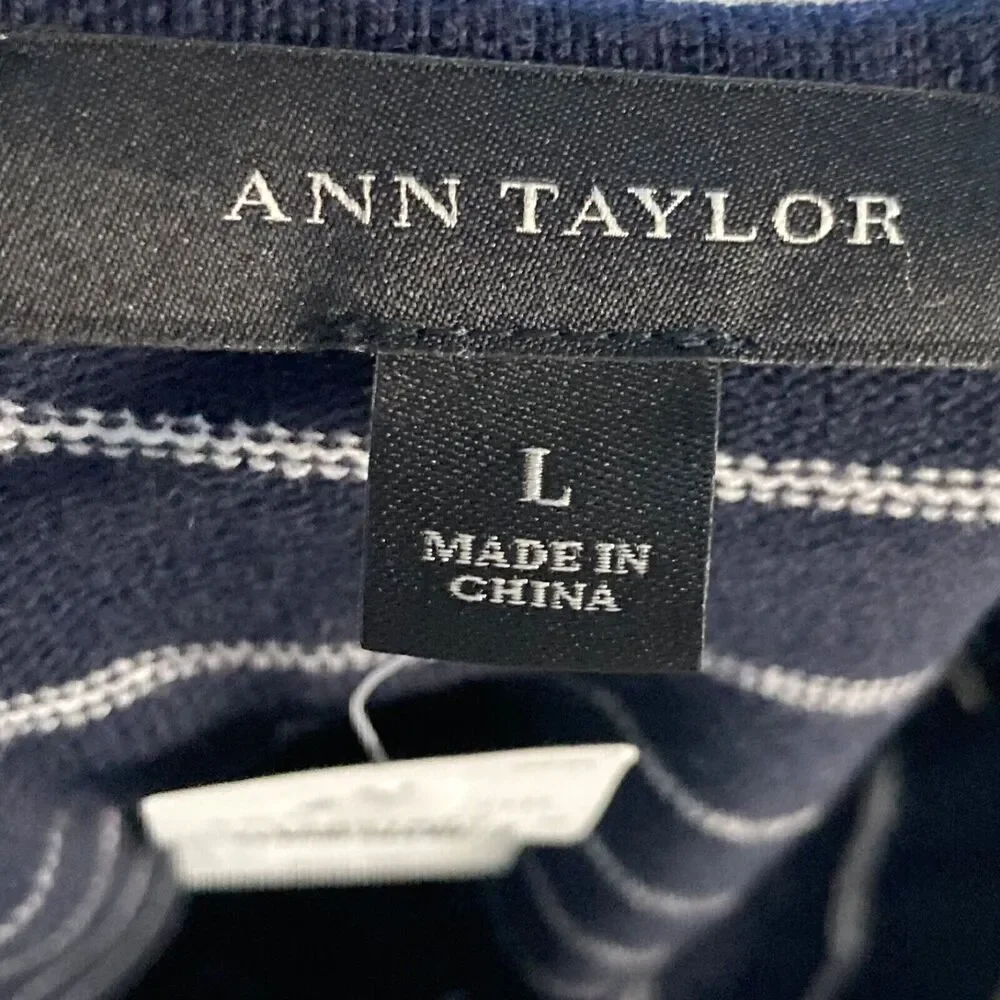 Ann Taylor Sweater Womens Large Navy Blue‎ Striped Welt Pocket Wool Blend